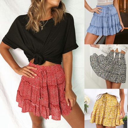 Women's Summer Cute High Waist Ruffle Skirt Print Swing Beach Mini Skirt 1