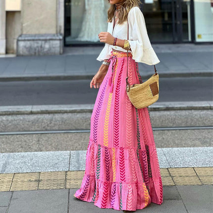 Women Print Long Skirts Summer Beach High Waisted Ruffle Maxi Skirts