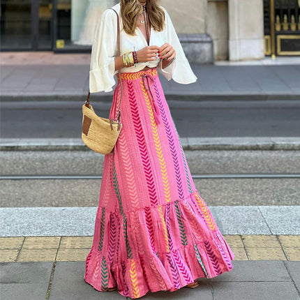 Women Print Long Skirts Summer Beach High Waisted Ruffle Maxi Skirts