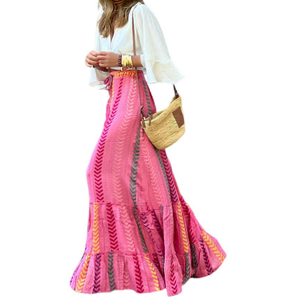 Women Print Long Skirts Summer Beach High Waisted Ruffle Maxi Skirts