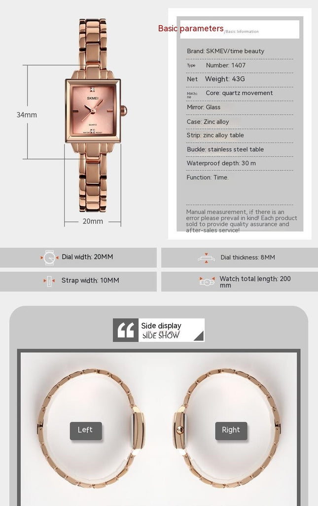 Women's Square Watch, Fashion Diamond Quartz Stainless Steel Watch