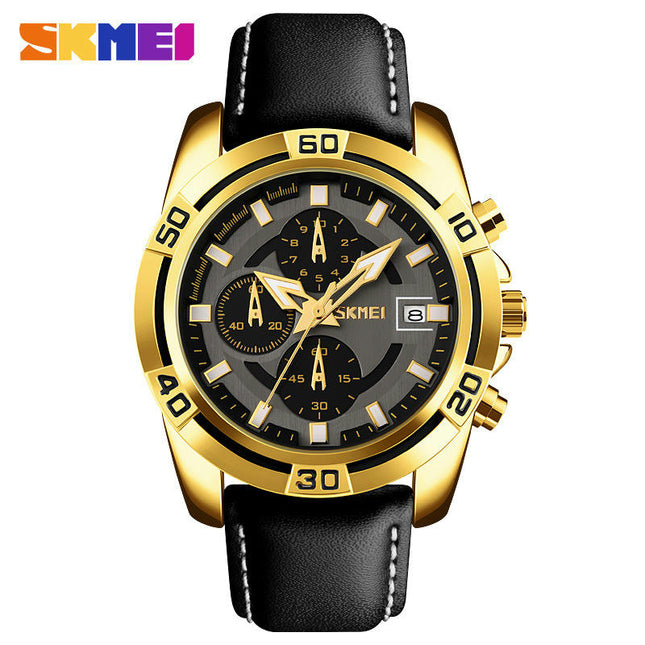 Men's Analog Quartz Chronograph Waterproof Watch Multifunctional Wristwatch with Leather Strap