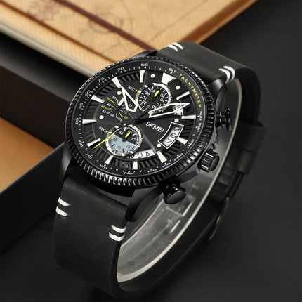 Men's Analog Quartz Watch Chronograph Waterproof Wristwatch with Leather Strap