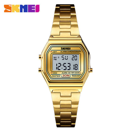 Digital Sports Watch Women's Waterproof Stainless Steel Square LED Back Light Wristwatch