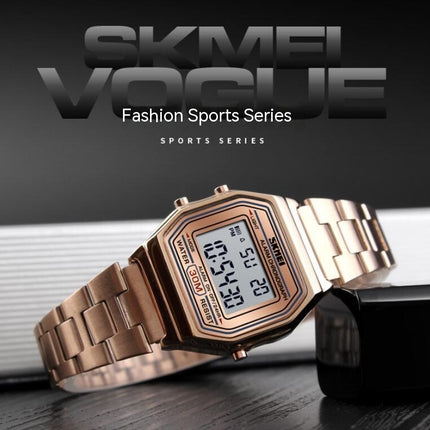 Digital Sports Watch Women's Waterproof Stainless Steel Square LED Back Light Wristwatch