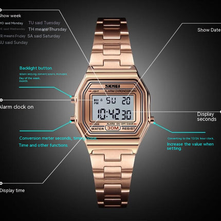 Digital Sports Watch Women's Waterproof Stainless Steel Square LED Back Light Wristwatch