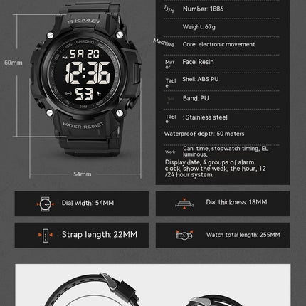 Men Sports LED Screen Digital Watches Waterproof Luminous Stopwatch Alarm Watch