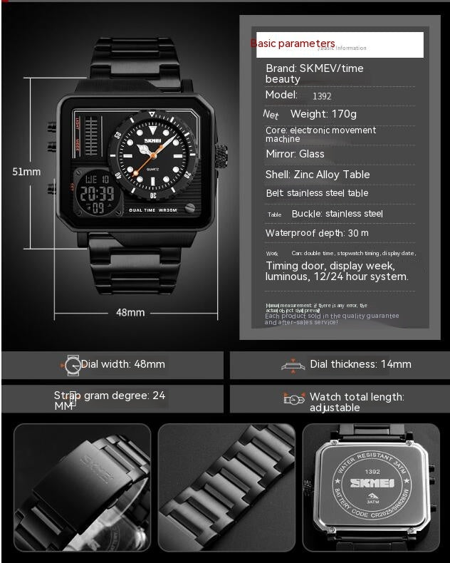 Men's Digital Sports Watch, Square Backlight Waterproof Digital Analog Watch