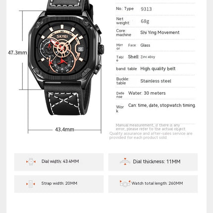 Watches for Men Quartz Multifunctional Leather Watch Waterproof Square Wrist Watch