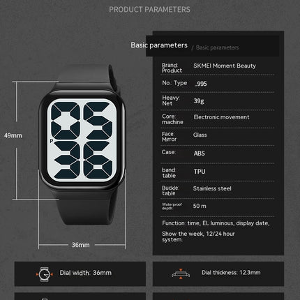 Men Women Sports LED Digital Waterproof PU Strap Square Electronic Couple Watch