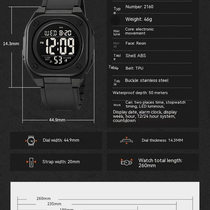 Square Watch for Men Sport Multifunction Calendar LED Display Wristwatches