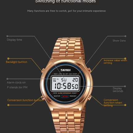 Watches for Men Electronic LED Multifunctional Waterproof Stainless Steel Wristwatch