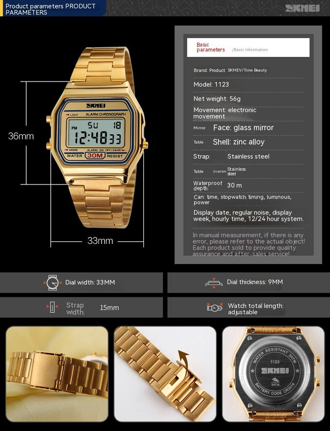 Digital Watch Men's Water Resistant Stainless Steel Band Electronic Wristwatch