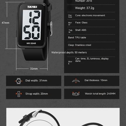 Digital Rectangular Watch Waterproof LED Luminous Outdoor Sports Watch