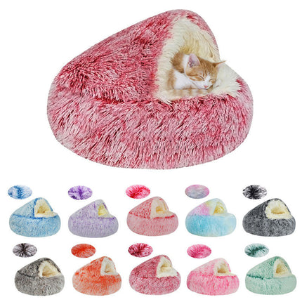 Small Dog Bed & Cat Bed, Round Donut Calming Cat Beds, Anti-Anxiety Cave Bed with Hooded Blanket