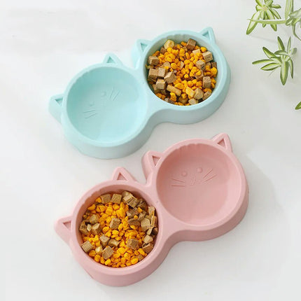 Pet Cat Double Bowl Eco-friendly PP Material Cartoon Cat Face Shape Food Water Feeding Bowl Non-slip Puppy Cat Feeder Supplies