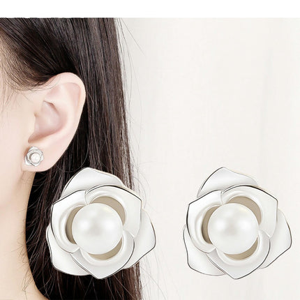 Flower Studs Sterling Silver Camellia Stud Earrings for Women Hypoallergenic Pearl Earrings