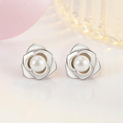 Flower Studs Sterling Silver Camellia Stud Earrings for Women Hypoallergenic Pearl Earrings