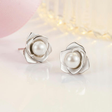 Flower Studs Sterling Silver Camellia Stud Earrings for Women Hypoallergenic Pearl Earrings