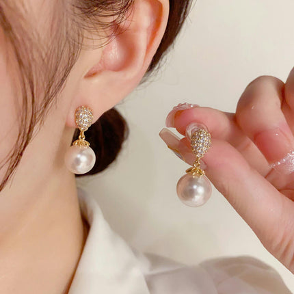 Large Pearl Hoop Earrings for Women,CZ Diamond Pearl Dangle Earrings Pearl Earrings