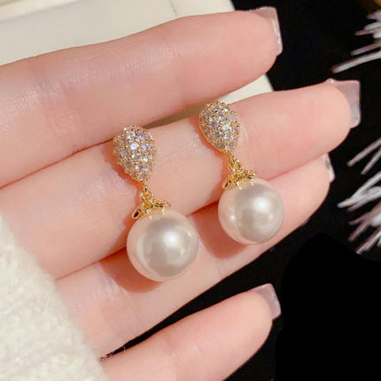 Large Pearl Hoop Earrings for Women,CZ Diamond Pearl Dangle Earrings Pearl Earrings