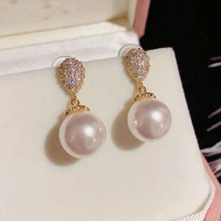 Large Pearl Hoop Earrings for Women,CZ Diamond Pearl Dangle Earrings Pearl Earrings