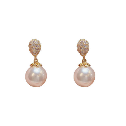 Large Pearl Hoop Earrings for Women,CZ Diamond Pearl Dangle Earrings Pearl Earrings