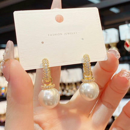 Large Pearl Earrings for Women,CZ Diamond Pearl Dangle Earrings Pearl Earrings Stud Earrings for Women