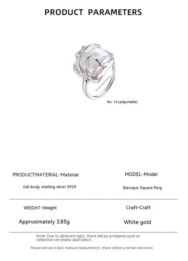Ring for Women 925 Sterling Silver Irregular Pearl Silver Ring Adjustable Open Wedding Ring