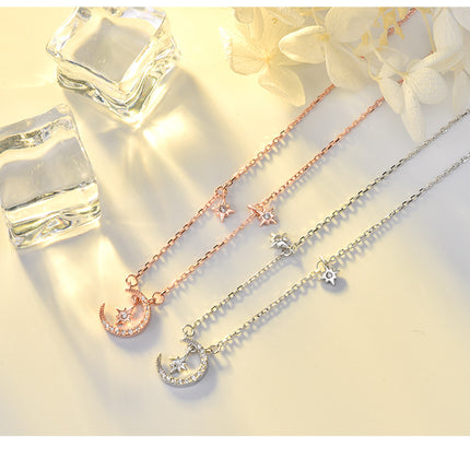 Moon Star Necklaces for Womens S925 Sterling Silver Crescent Moon Star Pendant Necklace Jewelry