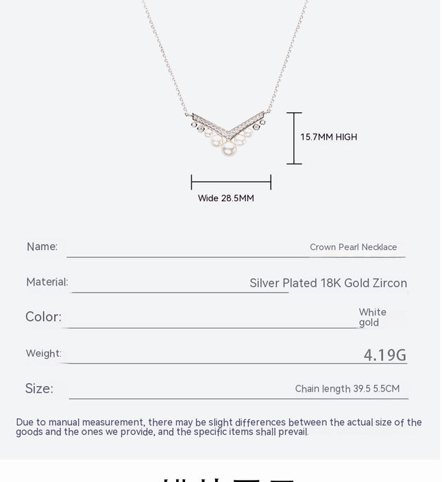 Charm Necklace 925 Sterling Silver V-Shaped Full Pendant Clavicle Chain for Girls Pearl Necklace