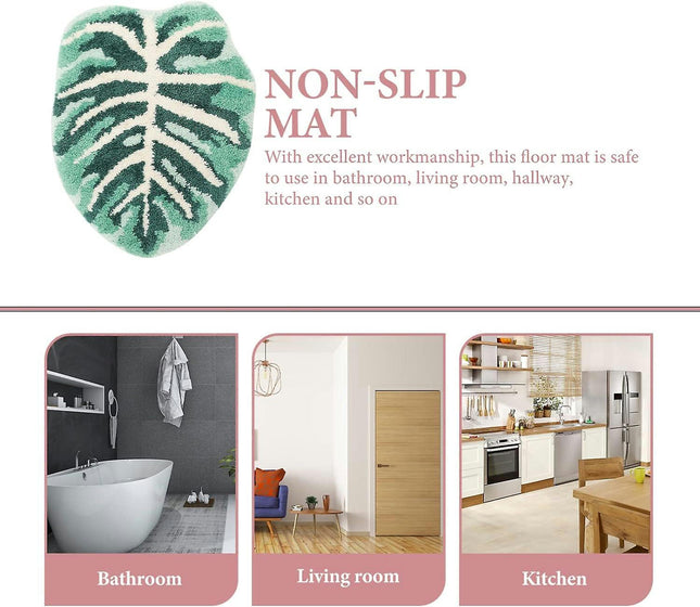 Non-Slip Green Leaf Shaped Bath Mat Rug - Washable Runner Floor Mat for Bathroom, Kids, Pets - 60X45X1CM