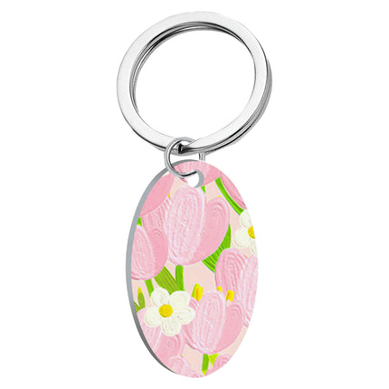 Stainless Steel Key Ring Round Keychain Flowers Keychain Pendant for Bag Charm Decor