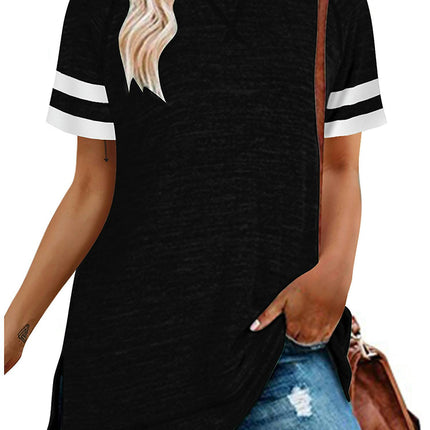 Women Short Sleeve Color Block Tops Shirts Summer Loose Tunic T-shirt