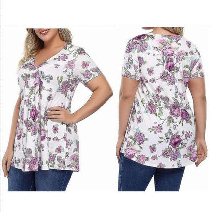 Women Summer T Shirts V Neck Tops Short Sleeve T-shirt Dailywear Blouse Plus Size