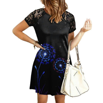 Women Floral Shift Dress Summer Short Sleeve Casual Lace T-shirt Tunic Dresses