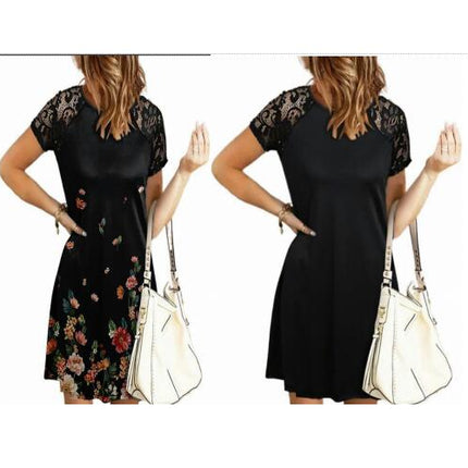 Women Floral Shift Dress Summer Short Sleeve Casual Lace T-shirt Tunic Dresses