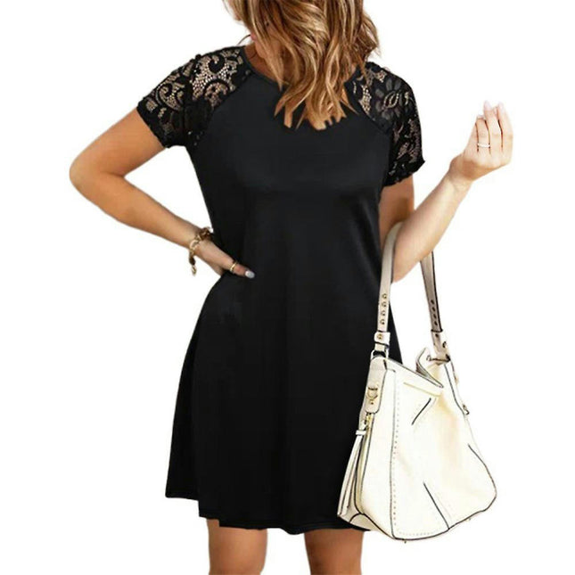 Women Floral Shift Dress Summer Short Sleeve Casual Lace T-shirt Tunic Dresses