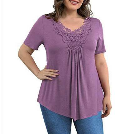 Women Lace Trim Tunic Short Sleeve T-shirt Summer Blouse Casual Tops