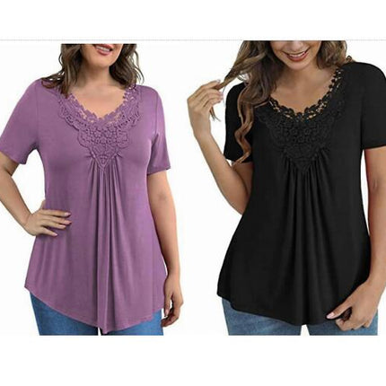 Women Lace Trim Tunic Short Sleeve T-shirt Summer Blouse Casual Tops