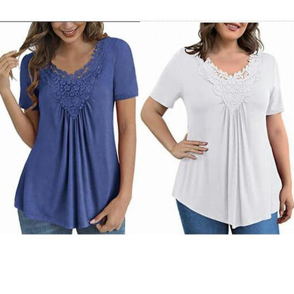 Women Lace Trim Tunic Short Sleeve T-shirt Summer Blouse Casual Tops