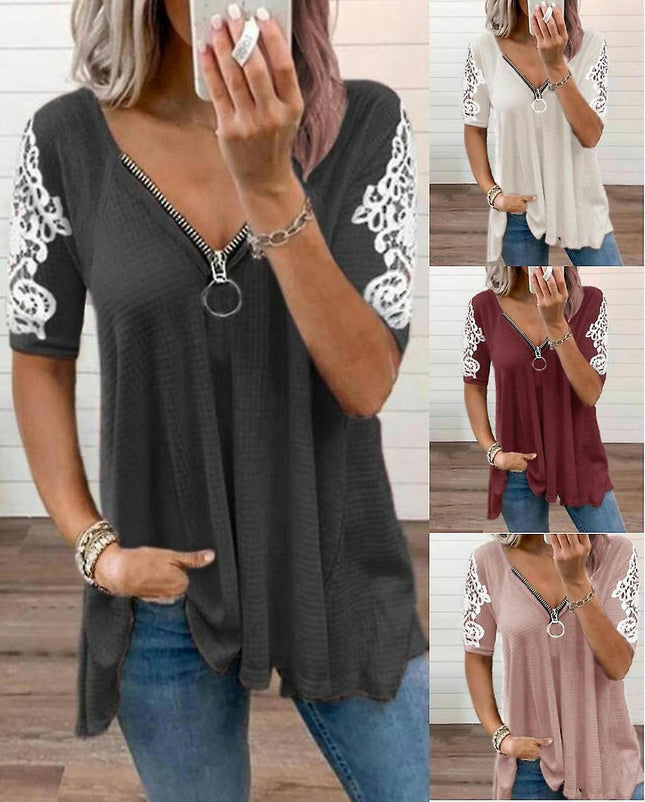 Wabjtam Women Summer T Shirts Short Sleeve V Neck Tunic With Zipper Cold Shoulder Tops Xl