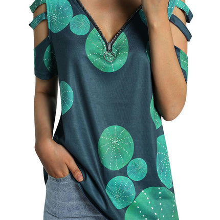 Women Summer T Shirts Short Sleeve Cold Shoulder Tunic Tops Blouses With Zipper