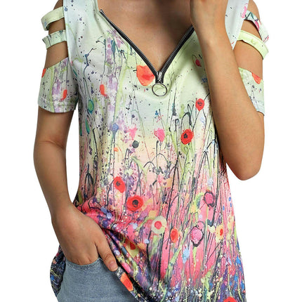 Women Summer T Shirts Short Sleeve Cold Shoulder Tunic Tops Blouses With Zipper