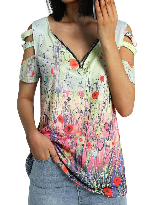 Women Summer T Shirts Short Sleeve Cold Shoulder Tunic Tops Blouses With Zipper