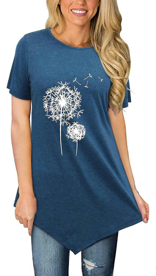 Lady Dandelion Printed Crew Neck Short Sleeve T Shirts Summer Top