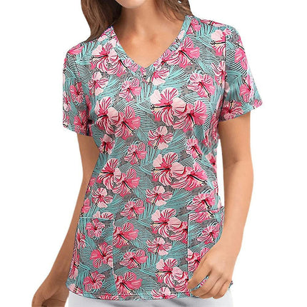 Lady Casual Printed V-neck Short Sleeve T-shirt Summer Top