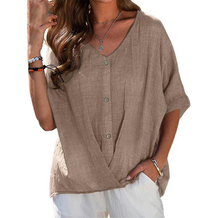 Ladies Loose Fashion Short Sleeve V-neck T-shirt Summer Tops