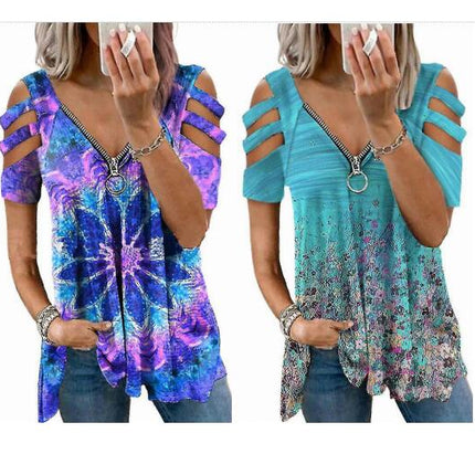 Lady Zip V-neck Summer T-shirt Short Sleeve Casual Top