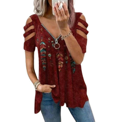 Lady Zip V-neck Summer T-shirt Short Sleeve Casual Top